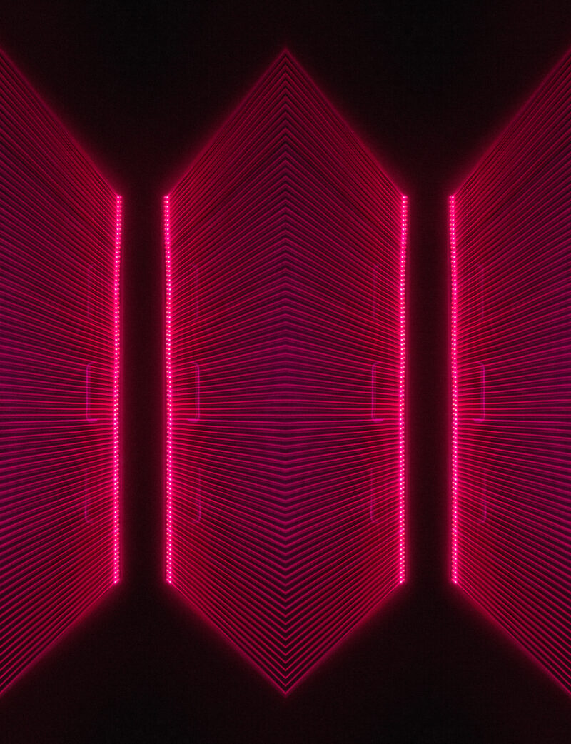 A minimalist Fine Art Photography print created through light painting, where LED light streams form ruler-straight lines in perfect geometric precision. Subtle red noise, often seen as a flaw, is intentionally amplified to add depth and texture, making the light almost tactile. The structured composition contrasts clean geometry with raw energy, creating a striking visual tension that invites closer observation. Available as a Diasec TruLife® Acrylic Fine Art Print or a Lumachrome® TruLife® Acrylic Fine Art Print, both offering exceptional archival quality, depth, and UV protection.