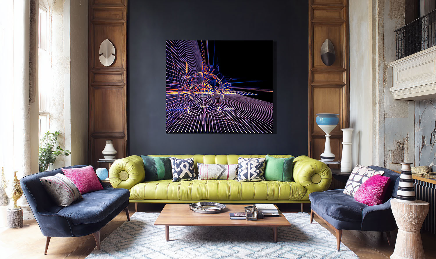 Interior view featuring a large-format Fine Art print by Irina Hurme, displayed in a vibrant, eclectic living room. Example of approximate scale, framing and visual presence in situ. The light-painted abstraction Echoform flows with bold light energy, balancing unrestrained movement with visual harmony. Part of the Limited Edition Fine Art prints by Irina Hurme.
