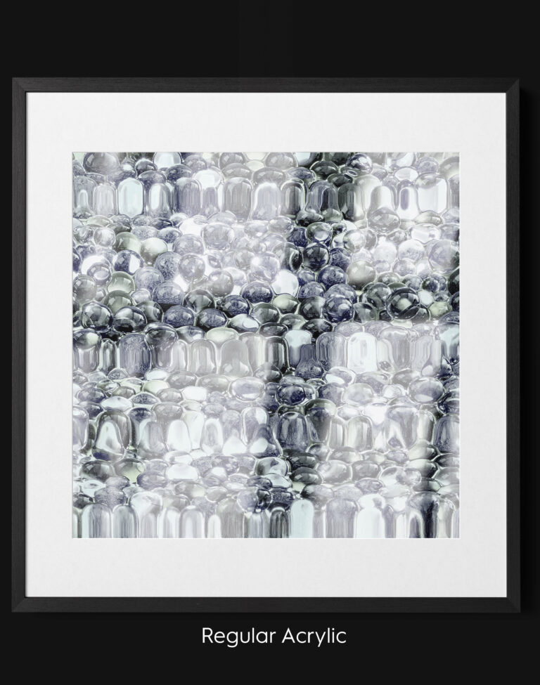 Fine Art print framed behind standard acrylic glazing, showing reduced clarity and higher reflection compared to museum-grade glazing.