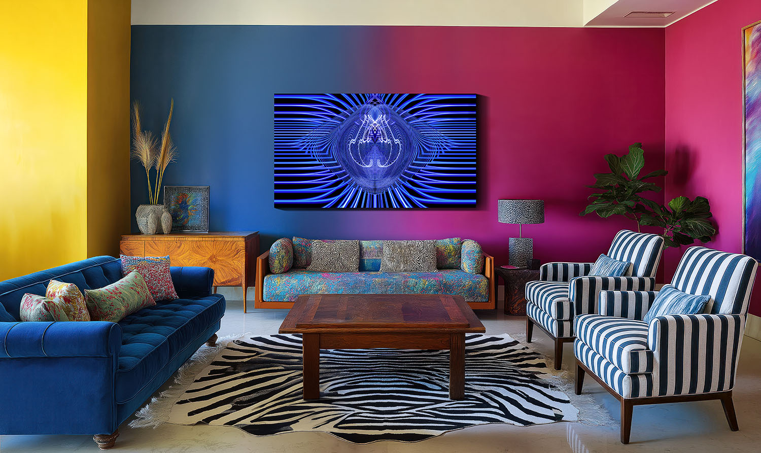 Interior view featuring a large-format Fine Art print by Irina Hurme, displayed in a vibrant, eclectic living room. Example of approximate scale, framing and visual presence in situ. The light-painted abstraction Effect flows with bold blue energy, balancing unrestrained movement with visual harmony. Part of the Limited Edition Fine Art prints by Irina Hurme.